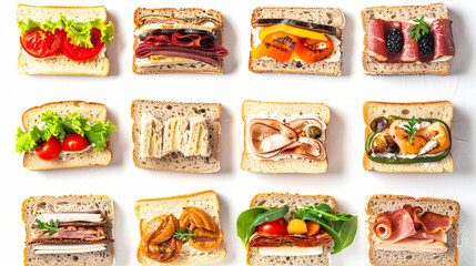 Grid of tasty sandwiches with canned smoked sprats  - obrazy, fototapety, plakaty
