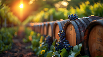 wine barrels in vineyard - bright summer photo
