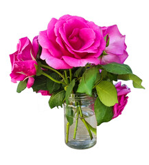 pink roses green leaves in a glass vase isolated