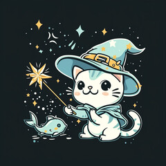 Adorable kawaii cat wizard casting a spell with a magic wand