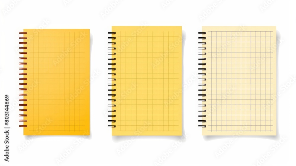 Poster notepads with spiral binders and line pattern are depicted in modern realistic mockups with lines, d