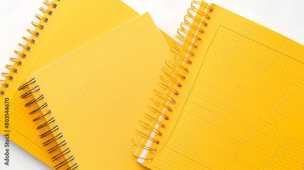 Poster modern realistic mockup of yellow notepads with spiral wire binders and line pattern isolated on whi