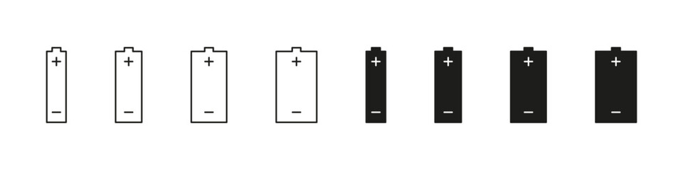 Bettery vector icon set. Batteries plus and minus icons.