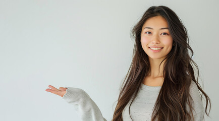 Smiling young Japanese woman in a white sweater presenting with hand