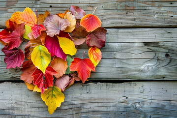 A heart-shaped arrangement of colorful autumn leaves on a rustic wooden table. - Powered by Adobe