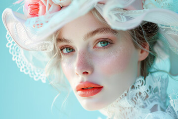 Elegant Close-up Portrait of a Woman with Floral Hat, Subtle Makeup, and Freckles