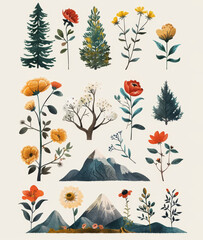 Elegant minimalist botanical and mountain illustrations in pastel tones