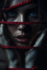 portrait of a woman in red rope bondage