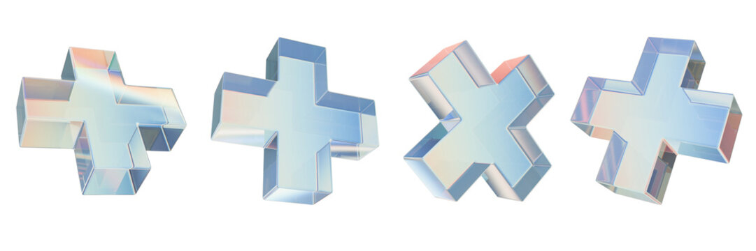 3D glass cross icon set, render gradient crystal plus collection, holographic abstract figure kit. Modern pharmacy medical help sign, retro futuristic transparent material objects. Glass cross clipart