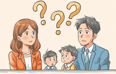 Cartoon family of four with puzzled expressions thinking about a question