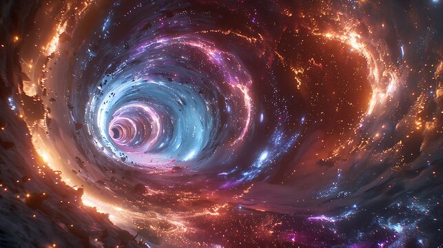 Create an artistic representation of a Hyperspace Tunnel, where swirling colors and light patterns simulate the exhilarating experience of traveling at light speed.