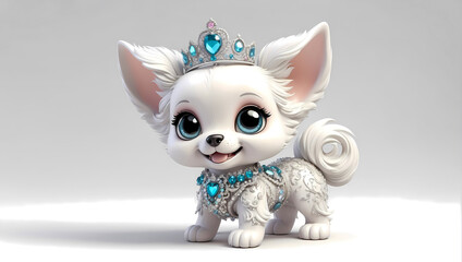 3d chibi gothic style illustration of a cute baby pet with large glassy eyes wearing rhinestone accessories on a clean white background