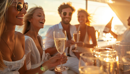 Group of friends enjoying champagne at sunset on a yacht deck