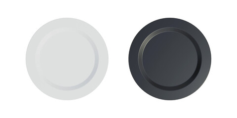 Empty ceramic round plate on isolated background. White and black ceramic round plate isolated.