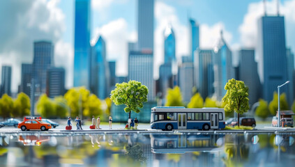 Miniature business people on a city street model with a bus and car