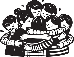 Group hug. People hugging together. Supportive community, togetherness, mutual care and love concept. Group of characters in circle, embracing. Flat graphic vector illustration isolated.