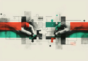 Two hands connecting puzzle pieces in a minimalist art style