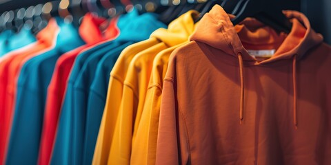 Fototapeta premium Row of different colorful youth cashmere sweaters and hoodies, sweatshirts and on a clothes rack. Multicolored sweaters, hoodie hang on hangers in clothing store for sale. Set of fashion clothes