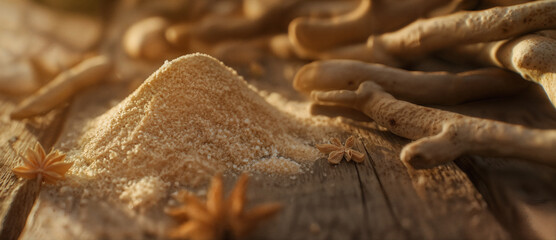 Dried aswagandha powder and whole root on a table. Alternative medicine.