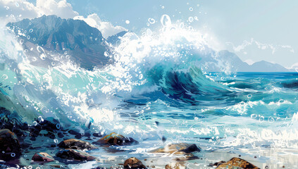 Vivid art of large waves crashing on rocky shores with distant mountains