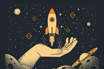 Colorful flat illustration of an open hand holding a rocket amidst space and planets - obrazy, fototapety, plakaty