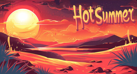 Vibrant illustration of a scorching desert landscape under a blazing sun