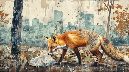 Naklejka premium A whimsical illustration of a fox playing with a discarded plastic bag in a city park showcasing the impact of urban development on wildlife..