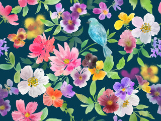 Pansy and Bluebird Seamless Pattern、Hand-drawn Pansy Floral Pattern