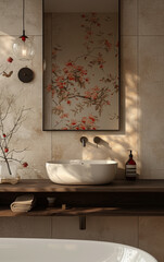 Modern Bathroom with Beige Tiles and Floral Wallpaper: Warm Tones and Natural Light for a Photorealistic Retreat