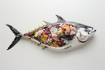 tuna fish full of trash and plastic and microplastic