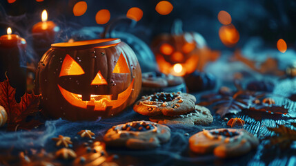 Halloween table setting with tasty cookies and pumpkin - Powered by Adobe