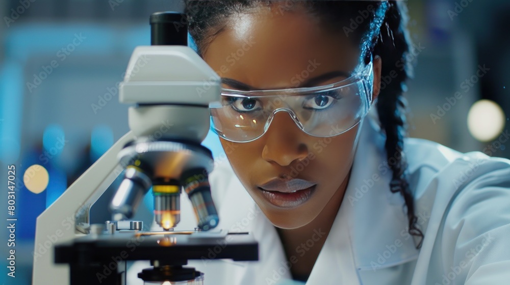 Poster beautiful black scientist using microscope does analysis of test sample