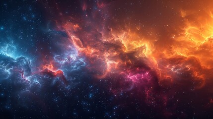 Obraz premium A panoramic view of the universe featuring the cosmic dance of dust and nebulae, rendered in high definition with explosive color transitions from cool blues to fiery reds.