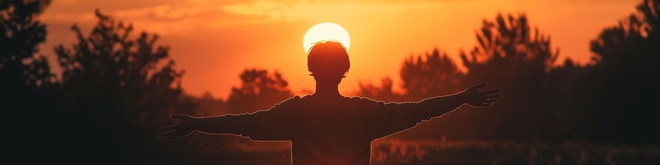 A silhouette of a man with arms wide open against a breathtaking sunset, symbolizing freedom and joy