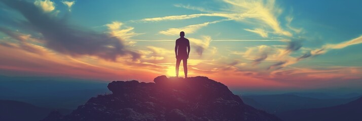 A lone person standing atop a mountain peak against a picturesque sky represents ambition and accomplishment