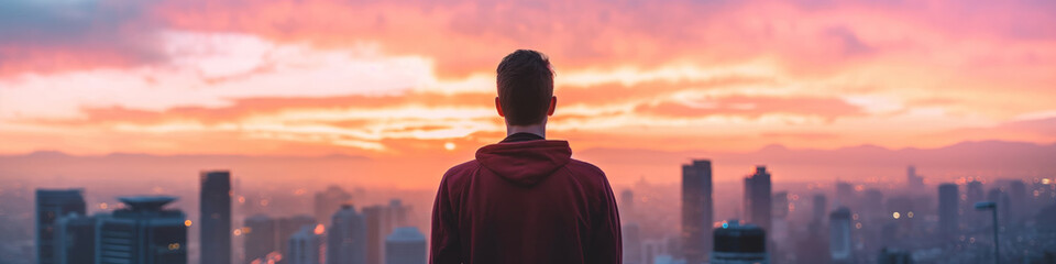 A contemplative man gazes at a city skyline bathed in the bold colors of sunset, signifying...