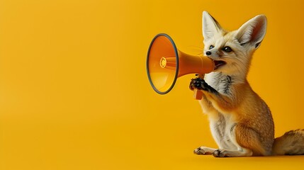 Fennec Fox Announcing Loudly Into Megaphone on Vivid Chartreuse Background