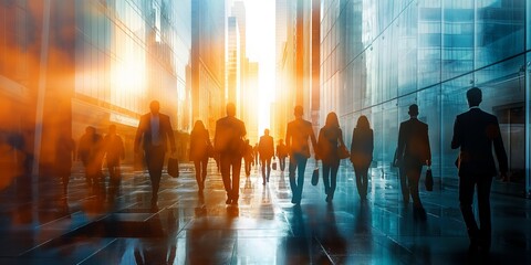 Bustling city life captured with walking pedestrians and the concept of motion, showcasing the fast pace of urban living