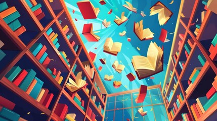 Printed posters with an image of a library interior. Invitation flyers with an illustration of a literature presentation and bookfair. Modern banners with an illustration of shelves and flying books.