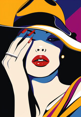 Pop art illustration of a woman with a big hat, with red lips and nails. 