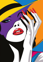 Pop art illustration of a woman with a big hat, with red lips and nails. 
