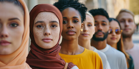 Fototapeta premium A line of diverse individuals showcases multiculturalism and solidarity, with focus on a woman in a hijab