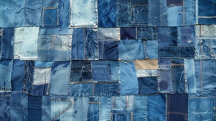 A section of a patchwork quilt made from recycled denim featuring a variety of textures and shades of blue representing the endless possibilities for upcycling old jeans..