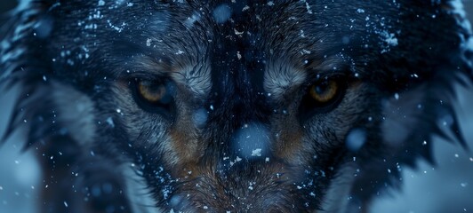 An extreme close-up wide shot captures the mesmerizing gaze of a wolf, crawling, ready to roar. Set against a cinematic backdrop of swirling snow and icy textures - Powered by Adobe