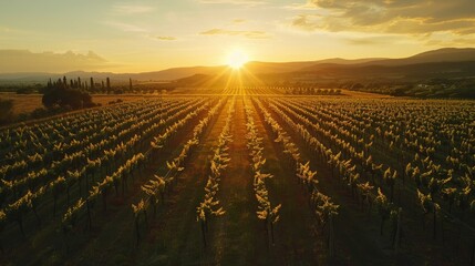 A drone view over a sprawling vineyard at sunset, highlighting the organized rows of grapevines