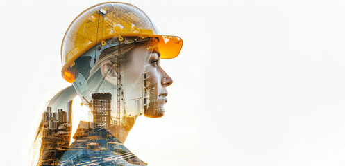 Double exposure of a female engineer with cityscape and construction