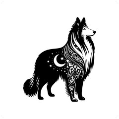 Fototapeta premium dog, collie silhouette in bohemian, boho, nature illustration