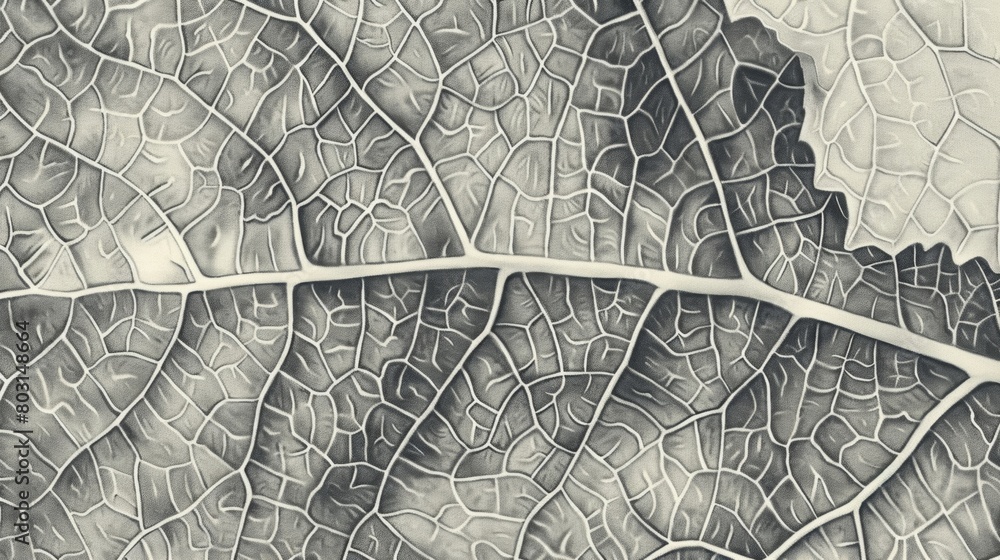 Poster a detailed line drawing of a leaf with intricate patterns resembling lichen finely sketched in shade
