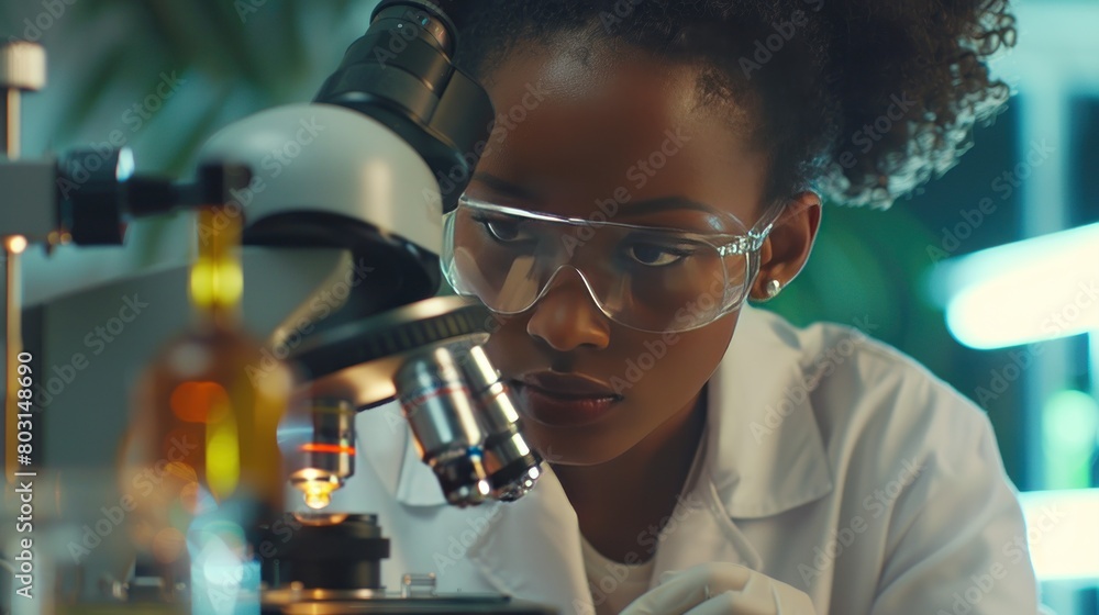 Poster beautiful black scientist using microscope does analysis of test sample