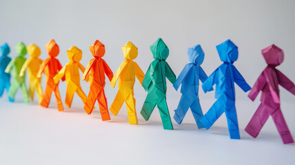 Colorful paper dolls in a row symbolizing unity and diversity on a white background